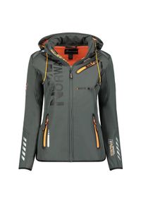 Geographical Norway REINE - damski softshell ciemnoszary/pomarańczowy.. Kolor: szary, żółty, pomarańczowy, wielokolorowy. Materiał: poliester, elastan. Sport: turystyka piesza #1