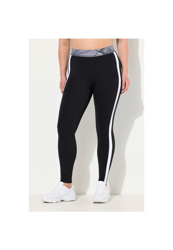 ULLA POPKEN - Damskie Legginsy paski kieszenie wysoki stan elastyczny pas. Stan: podwyższony. Kolekcja: plus size. Kolor: czarny. Materiał: poliester, materiał, elastan. Wzór: paski