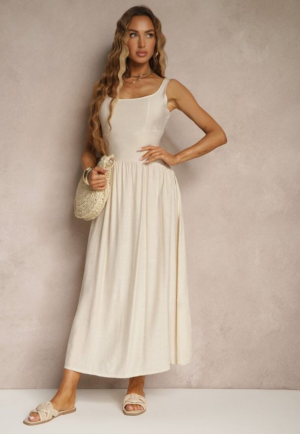 Renee - Beżowa Rozkloszowana Sukienka z Wiskozy Milunisa. Okazja: na co dzień. Kolor: beżowy. Materiał: wiskoza. Typ sukienki: rozkloszowane. Styl: elegancki, klasyczny, casual