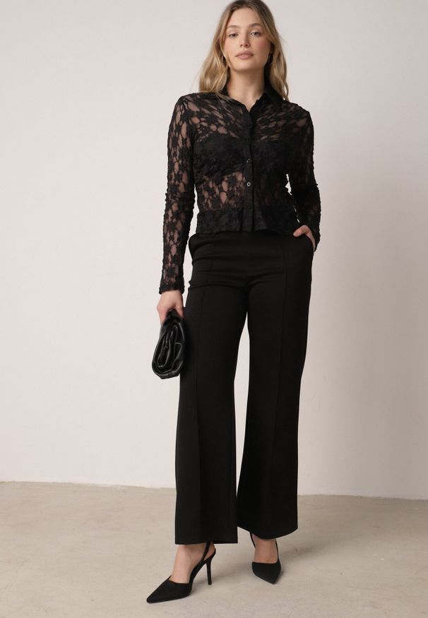 Born2be - Czarne Eleganckie Spodnie z Bawełny i Wiskozy w Kant Valelia. Okazja: na co dzień, na spotkanie biznesowe, do pracy. Kolor: czarny. Materiał: wiskoza, bawełna. Styl: elegancki