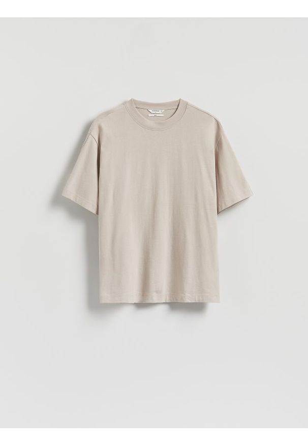 Reserved - Bawełniany t-shirt boxy - beżowy. Kolor: beżowy. Materiał: bawełna