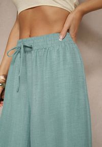 Renee - Miętowe Szerokie Spodnie High Waist Ozdobione Wiązaniem Telonia. Okazja: na co dzień. Stan: podwyższony. Kolor: zielony. Wzór: aplikacja. Styl: elegancki, casual