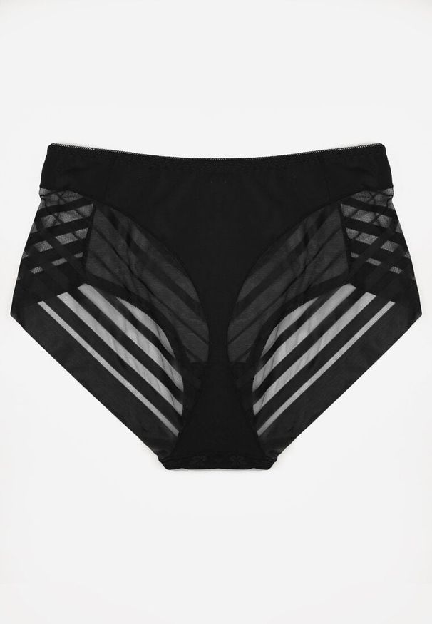 Born2be - Czarne Majtki Figi z Wysokim Stanem Zdobione Koronką i Siateczką Helieth. Stan: podwyższony. Kolekcja: plus size. Kolor: czarny. Materiał: koronka. Wzór: koronka, aplikacja