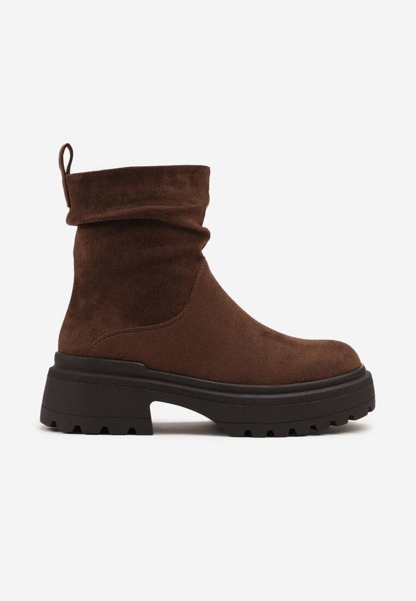 Born2be - Brązowe Marszczone Botki na Grubej Podeszwie Catrie. Okazja: do pracy, na spotkanie biznesowe, na co dzień. Kolor: brązowy. Materiał: jeans. Styl: biznesowy, elegancki, casual, klasyczny