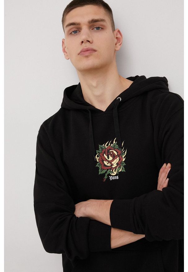 Vans bluza bawełniana męska kolor czarny z kapturem z nadrukiem. Typ kołnierza: kaptur. Kolor: czarny. Materiał: bawełna. Wzór: nadruk