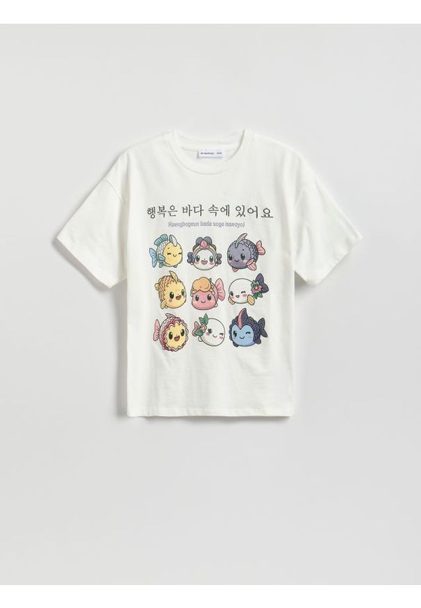 Reserved - Bawełniany t-shirt z nadrukiem - złamana biel. Materiał: bawełna. Wzór: nadruk