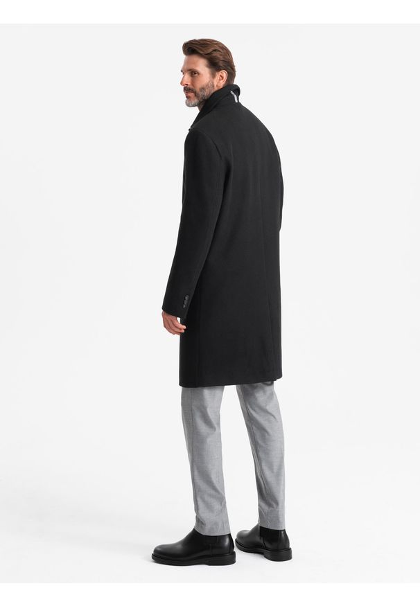 Ombre Clothing - Męski długi jednorzędowy płaszcz z kołnierzykiem i podpinką – czarny V1 OM-COWC-0106 - XXL. Okazja: na co dzień. Typ kołnierza: kołnierzyk koszulowy, komin. Kolor: czarny. Materiał: wiskoza, poliester, materiał, syntetyk. Długość: długie. Wzór: jednolity. Styl: wizytowy, elegancki, casual