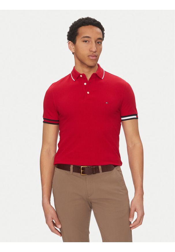 TOMMY HILFIGER - Tommy Hilfiger Polo Flag Cuff MW0MW38458 Czerwony Slim Fit. Typ kołnierza: polo. Kolor: czerwony. Materiał: bawełna