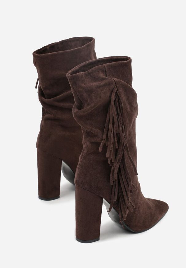 Renee - Brązowe Botki Kowbojki na Słupku z Frędzlami Reisetia. Kolor: brązowy. Materiał: jeans. Obcas: na słupku. Styl: elegancki