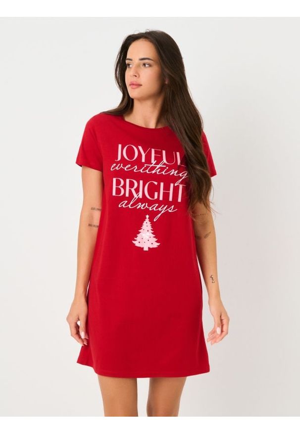 Sinsay - Bawełniana koszula nocna z motywem świątecznym - czerwony. Kolor: czerwony. Materiał: bawełna