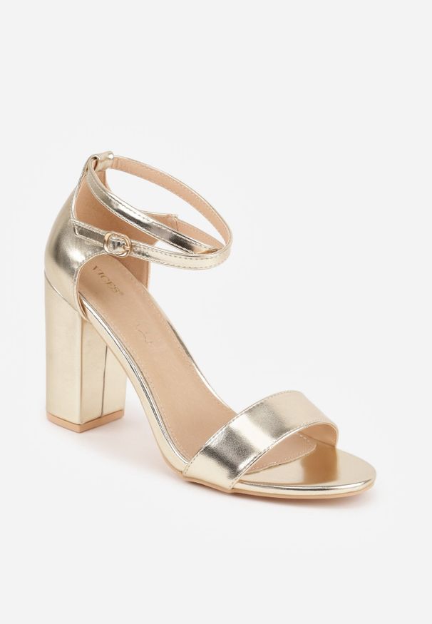 Born2be - Złote Sandały na Obcasie VICES z Wkładką ze Skóry Naturalnej i Paskami Paphis. Okazja: do pracy, na co dzień. Zapięcie: pasek. Kolor: złoty. Materiał: skóra. Wzór: paski. Obcas: na obcasie. Styl: elegancki, casual. Wysokość obcasa: średni