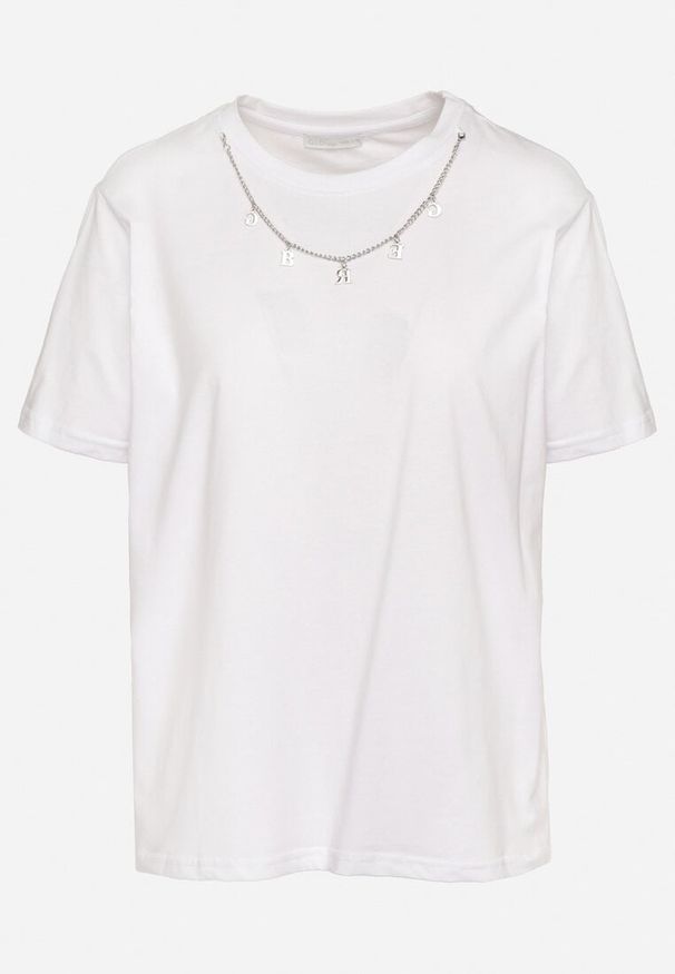 Born2be - Biały Bawełniany T-shirt z Odpinanym Łańcuszkiem Imitującym Naszyjnik Mohna. Okazja: na co dzień. Kolor: biały. Materiał: bawełna. Wzór: aplikacja. Sezon: lato, wiosna. Styl: elegancki, casual