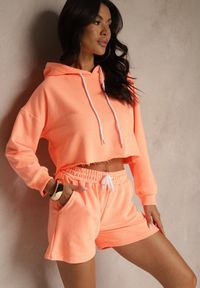 Renee - Pomarańczowy Komplet Dresowy z Bawełną Szorty i Krótka Bluza z Kapturem Ralarose. Kolor: pomarańczowy. Materiał: dresówka, bawełna. Sport: turystyka piesza