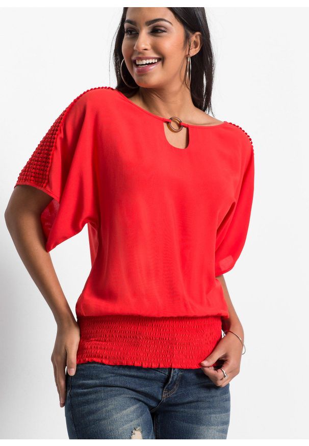 bonprix - Bluzka z czystej wiskozy. Kolor: czerwony. Materiał: wiskoza, koronka. Długość rękawa: krótki rękaw. Długość: krótkie. Wzór: koronka