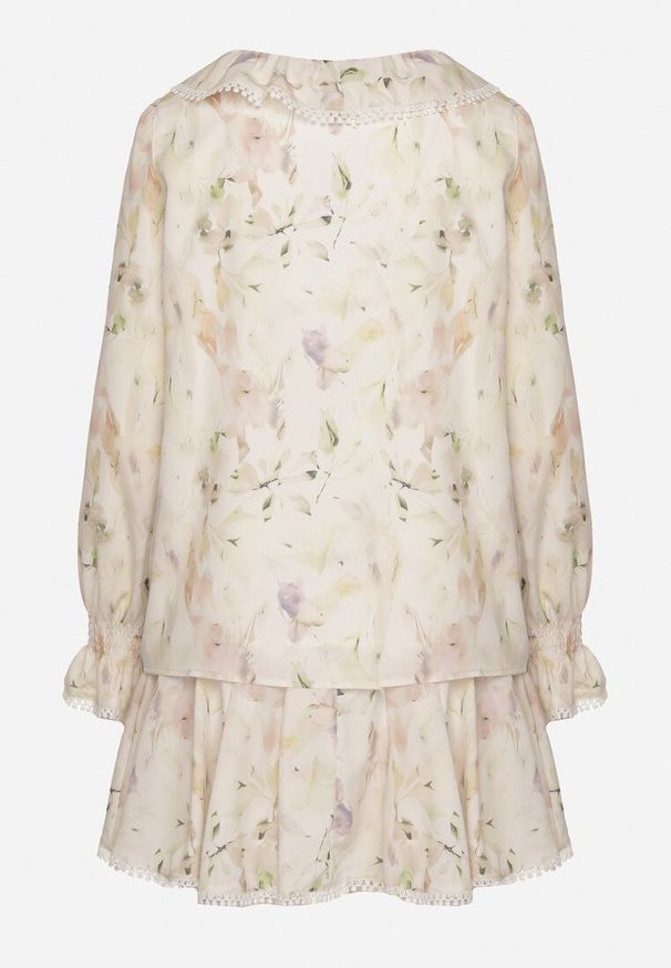 Born2be - Beżowo-Żółty Wiskozowy Komplet z Falbankami Bluzka i Spódnica Istebia. Kolor: beżowy. Materiał: wiskoza. Wzór: aplikacja