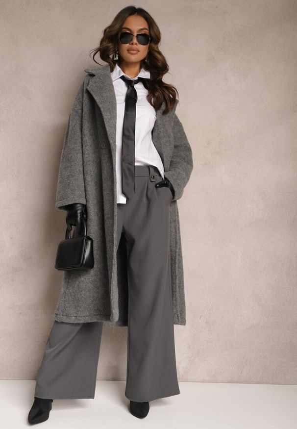Renee - Ciemnoszare Eleganckie Spodnie Dzwony z Ozdobnymi Patkami w Pasie Nattas. Stan: podwyższony. Kolor: szary. Styl: elegancki