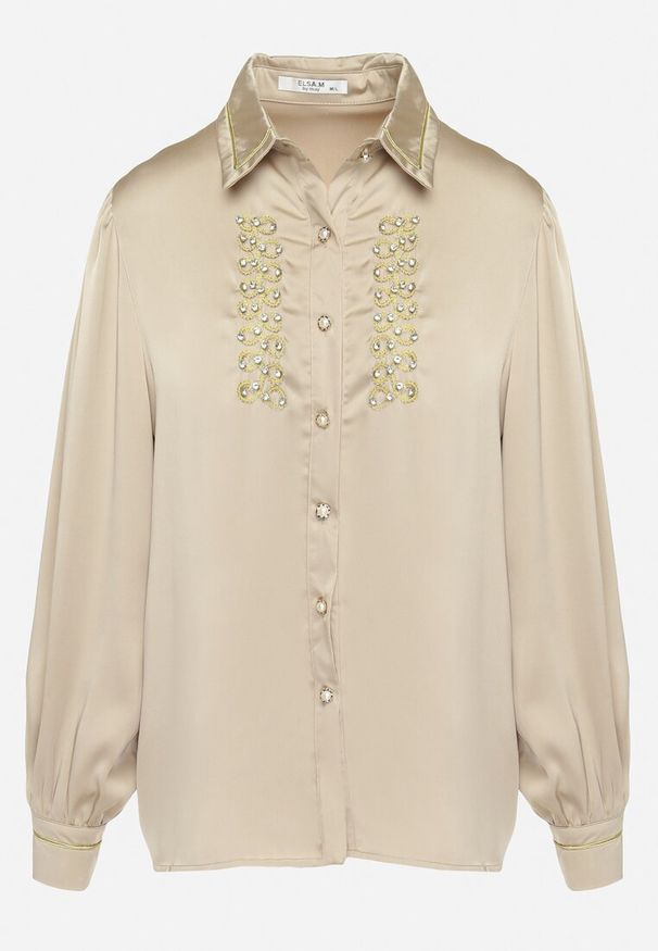 Born2be - Beżowa Satynowa Koszula z Kołnierzykiem Ozdobiona Cyrkoniami i Perełkami Classa. Kolor: beżowy. Materiał: satyna. Wzór: aplikacja. Styl: elegancki