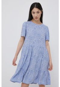 Vila sukienka mini rozkloszowana. Kolor: niebieski. Materiał: tkanina, materiał, wiskoza. Długość rękawa: krótki rękaw. Typ sukienki: rozkloszowane. Długość: mini #3