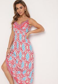 Born2be - Czerwona Taliowana Sukienka z Wiskozy na Regulowanych Ramiączkach z Gumką w Pasie Zenadea. Okazja: na co dzień. Kolor: czerwony. Materiał: wiskoza. Długość rękawa: na ramiączkach. Sezon: lato. Styl: casual, wizytowy #4