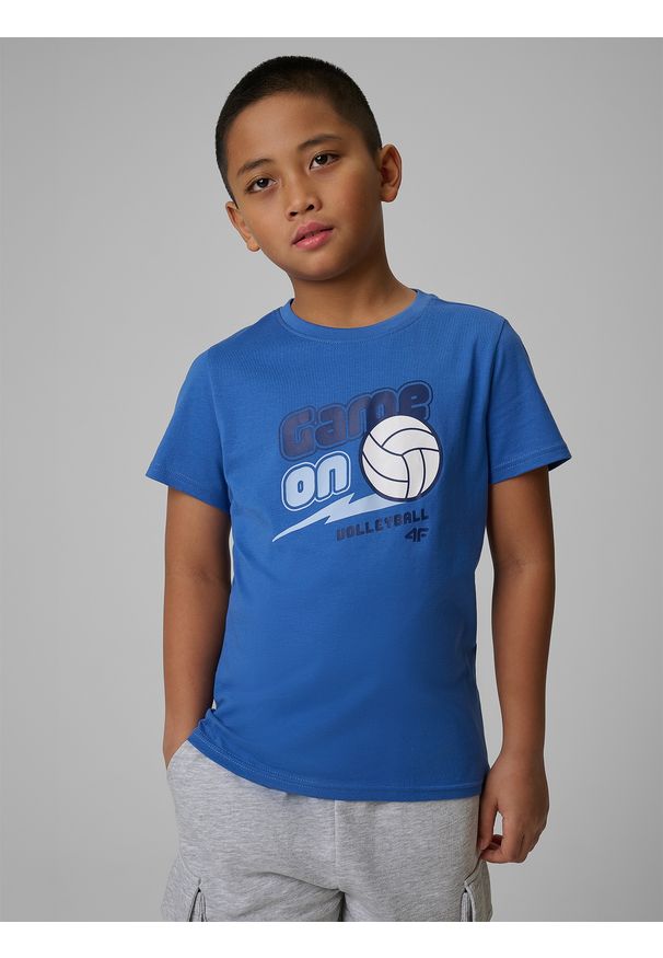 4f - 4F T-shirt regular z nadrukiem chłopięcy - granatowy 152 (11-12 lat). Okazja: na co dzień, na uczelnię. Kolor: niebieski. Materiał: dzianina, skóra, materiał, bawełna. Wzór: nadruk. Sezon: lato. Styl: casual