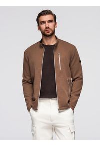 Ombre Clothing - Męska strukturalna kurtka biker ze stójką – brązowa V2 - Rozmiar: S. Okazja: na co dzień. Typ kołnierza: kołnierzyk stójkowy. Kolor: brązowy. Materiał: skóra, poliester, dzianina. Styl: casual, elegancki