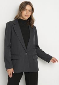 Born2be - Szara Pudełkowa Marynarka Jednorzędowa z Usztywnioną Linią Ramion Foella. Okazja: na co dzień. Kolor: szary. Materiał: jeans. Styl: klasyczny, casual, elegancki #5