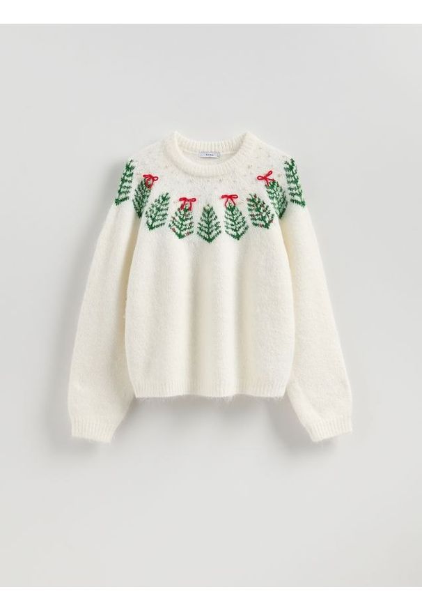 Reserved - Sweter ze świątecznym wzorem - złamana biel. Materiał: dzianina, wełna. Styl: wizytowy