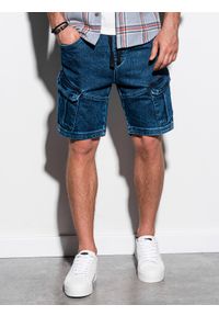 Ombre Clothing - Krótkie spodenki męskie jeansowe W220 - ciemny jeans - L. Okazja: na co dzień. Materiał: jeans. Długość: krótkie. Sezon: wiosna, lato. Styl: casual