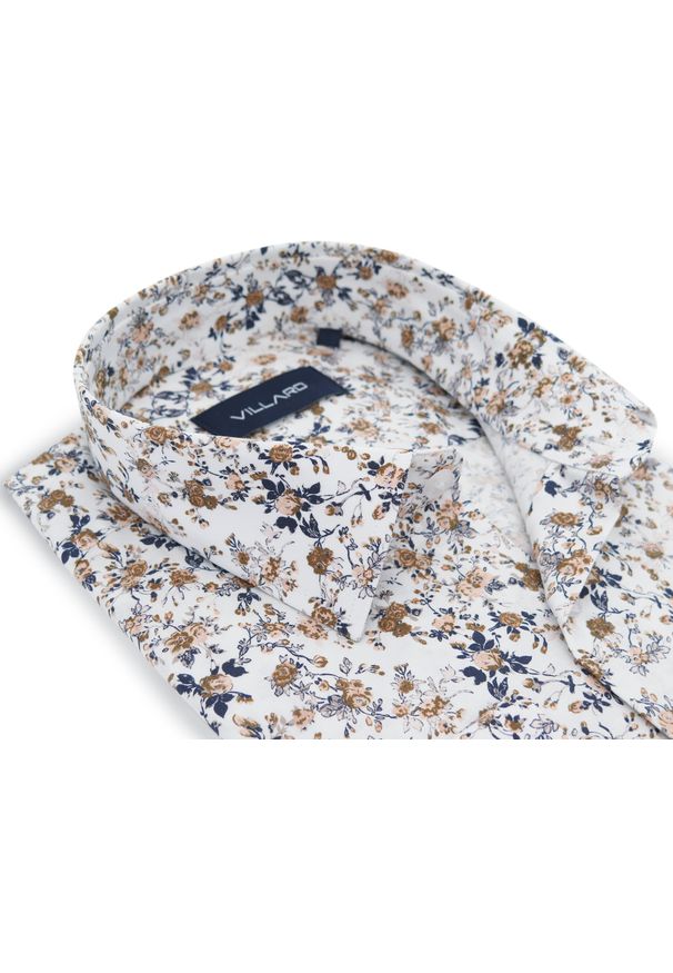 Mmer / Villaro - Koszule męskie - Biała koszula męska w kwiaty w odcieniu brązu I083. Kolor: biały, brązowy, wielokolorowy. Materiał: bawełna, elastan, tkanina. Długość: długie. Wzór: kwiaty