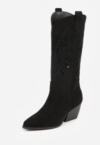 Born2be - Czarne Kozaki Kowbojki na Stożkowym Obcasie z Ażurową Cholewką Tidanna. Okazja: na co dzień, na randkę. Kolor: czarny. Szerokość cholewki: normalna. Wzór: ażurowy. Materiał: zamsz, jeans. Sezon: lato. Obcas: na obcasie. Styl: casual, klasyczny. Wysokość obcasa: średni #5