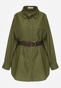 Born2be - Zielona Długa Koszula Oversize z Bawełny i Wiskozy z Paskiem z Klamrą Thessalonike. Okazja: na co dzień. Kolor: zielony. Materiał: wiskoza, bawełna. Długość: długie. Styl: casual #5