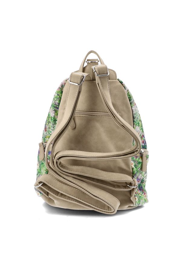Plecak Damski Rieker, z wytrzymałego materiału z dekoracyjnym wzorem z regulowanymi szelkami pionowym zamkiem z przodu dodatkowymi kieszeniami i prak. Kolor: zielony. Materiał: materiał. Wzór: nadruk, kwiaty. Styl: casual