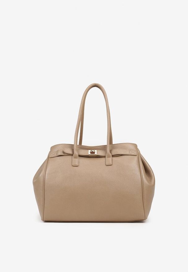 Renee - Beżowa Torebka Shopper z Dwoma Rączkami Ozdobiona Paskiem z Klamrą Remisse. Kolor: beżowy. Wzór: aplikacja. Styl: klasyczny, casual, elegancki. Rodzaj torebki: na ramię