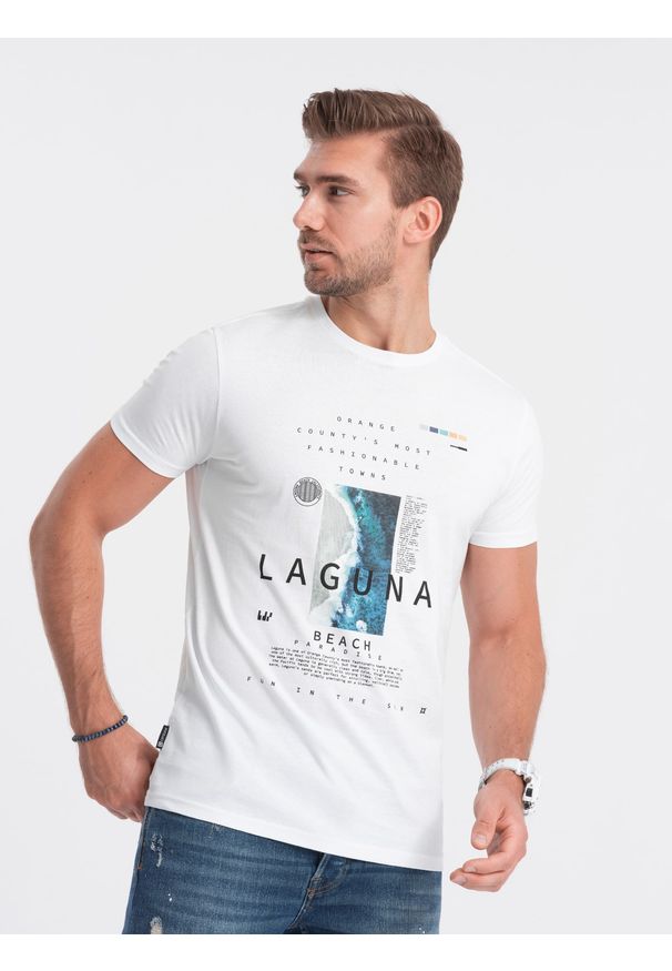Ombre Clothing - T-shirt męski bawełniany z nadrukiem - biały V1. Kolor: biały. Materiał: bawełna. Długość rękawa: krótki rękaw. Długość: krótkie. Wzór: nadruk. Styl: klasyczny