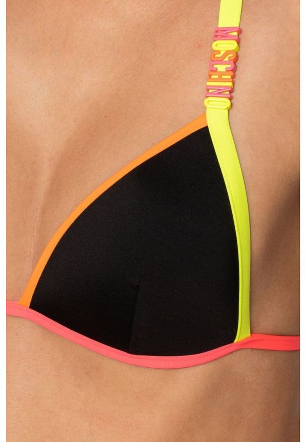 MOSCHINO Czarna góra od bikini z neonowymi lamówkami. Kolor: czarny. Wzór: aplikacja