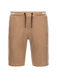 Ombre Clothing - Dzianinowe szorty męskie z ozdobną gumka w pasie - jasnobrązowe V4. Kolor: brązowy. Materiał: dzianina
