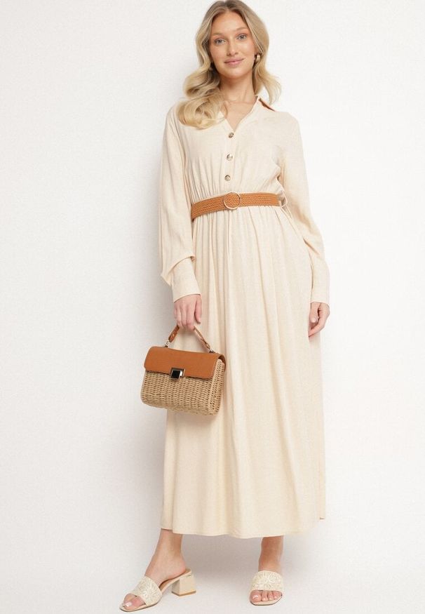 Born2be - Beżowa Rozkloszowana Sukienka z Wiskozy z Elastycznym Paskiem i Rozcięciem Reilivra. Okazja: na co dzień. Kolor: beżowy. Materiał: wiskoza. Długość rękawa: długi rękaw. Styl: elegancki, klasyczny, casual