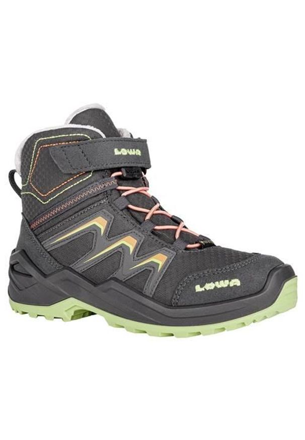 Buty trekkingowe dla dzieci Lowa Maddox Warm Gtx. Wysokość cholewki: za kostkę. Zapięcie: rzepy. Kolor: szary. Materiał: tkanina, syntetyk, materiał. Szerokość cholewki: normalna