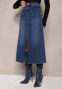 Renee - Granatowa Spódnica Maxi z Rozcięciem z Jeansu Vonuline. Stan: podwyższony. Kolor: niebieski. Materiał: jeans. Styl: sportowy, elegancki #1