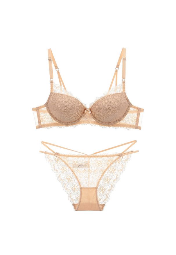 Intica - Koronkowy komplet bielizny z figami Pratibha. Kolor: beżowy. Materiał: koronka. Wzór: koronka