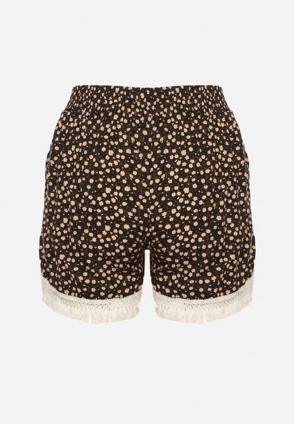Born2be - Czarno-Beżowe Wiskozowe Szorty z Gumką w Pasie Ozdobione Frędzlami Tilifea. Kolor: czarny. Materiał: wiskoza. Wzór: aplikacja. Styl: elegancki