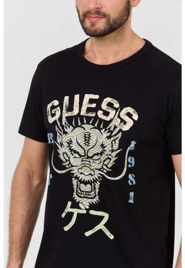 Guess - GUESS Czarny męski t-shirt bawełniany Dragon Tee, Rozmiar XXL. Kolor: czarny. Materiał: bawełna
