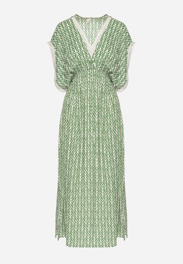 Born2be - Zielona Bawełniana Sukienka Rozkloszowana z Koronkowymi Wstawkami Laniwena. Kolor: zielony. Materiał: koronka, bawełna. Sezon: lato