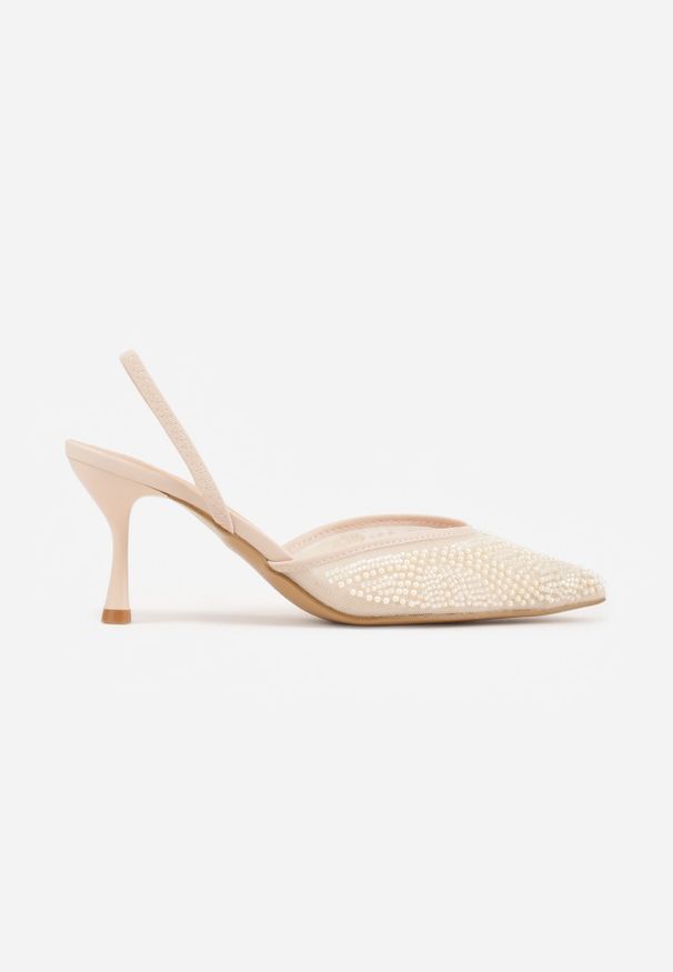 Renee - Beżowe Szpilki z Paskiem w Typie Slingback z Cholewką z Siateczki i Koralikami Carilriane. Zapięcie: pasek. Kolor: beżowy. Materiał: satyna. Szerokość cholewki: normalna. Wzór: aplikacja. Obcas: na szpilce. Styl: elegancki, glamour, wizytowy
