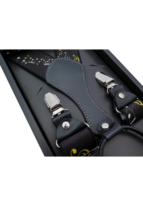 Modini - Czarne szelki męskie w białe i żółte nuty SZ122. Kolor: wielokolorowy, czarny, biały, żółty. Materiał: skóra, guma