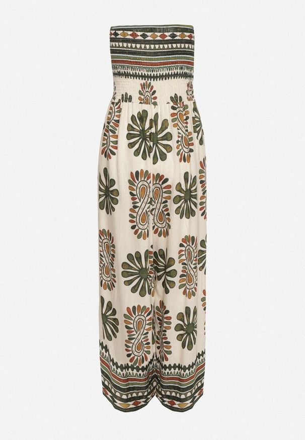 Born2be - Zielono-Kremowy Kombinezon Bez Rękawów z Szeroką Nogawką w Ornamentalny Wzór Mirionia. Okazja: na co dzień, na imprezę. Kolor: zielony. Długość rękawa: bez rękawów. Styl: elegancki, casual