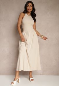Renee - Jasnobeżowa Rozkloszowana Sukienka z Bawełny z Kieszeniami Lirevane. Okazja: na co dzień. Kolor: beżowy. Materiał: bawełna. Styl: klasyczny, elegancki, casual