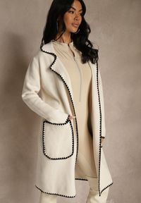 Renee - Beżowy Kardigan z Haftowaną Lamówką Tuscele. Okazja: na co dzień. Kolor: beżowy. Materiał: jeans. Wzór: haft. Styl: casual, elegancki #1