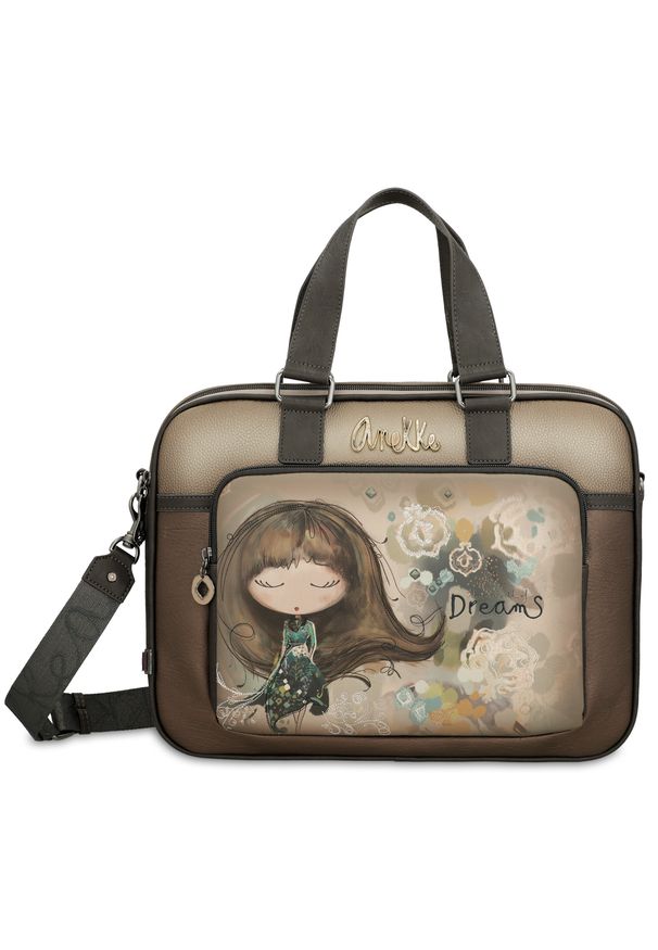 Brązowa Aktówka Anekke Elegancka Damska Torba Na Laptopa. Kolor: brązowy. Wzór: haft, napisy. Styl: elegancki