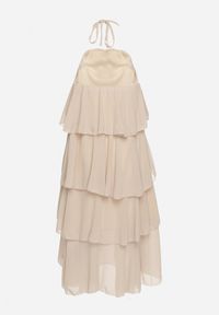 Born2be - Beżowa Sukienka z Falbanami Wiązana na Szyi z Broszką Kwiatem Tinallena. Okazja: na co dzień. Kolor: beżowy. Wzór: kwiaty. Styl: casual #4